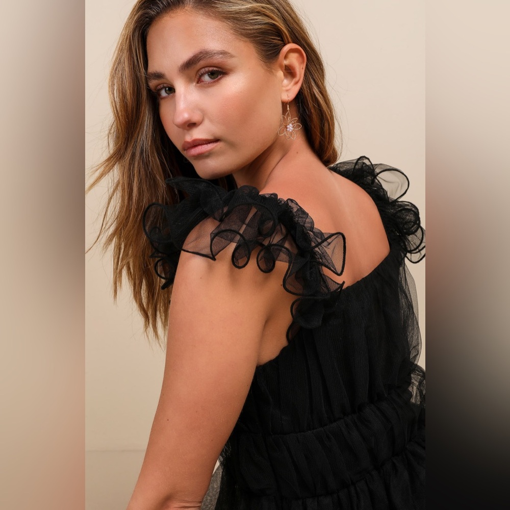 Lulus Tulle For Love Black Mesh Tulle Tiered Ruffled Maxi Dress - Size M - Picture 4 of 4